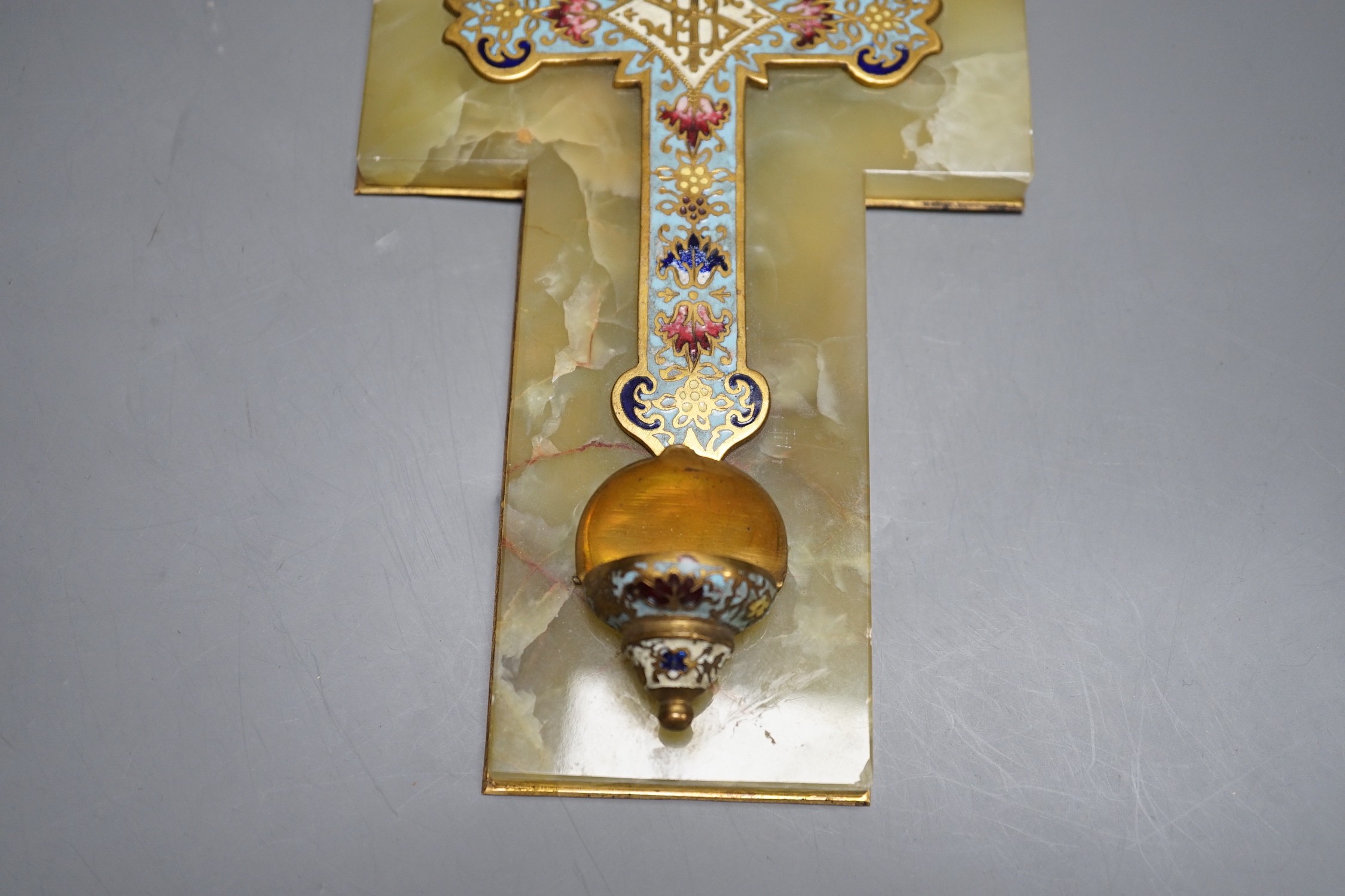 A French champleve enamel benitier (Holy water stoup) mounted on onyx, 21cm